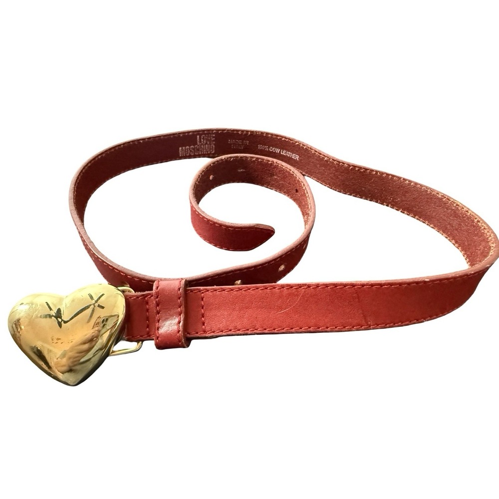 Women's Vintage Moschino Red  Leather gold brass  Heart Belt Size 39 inches long